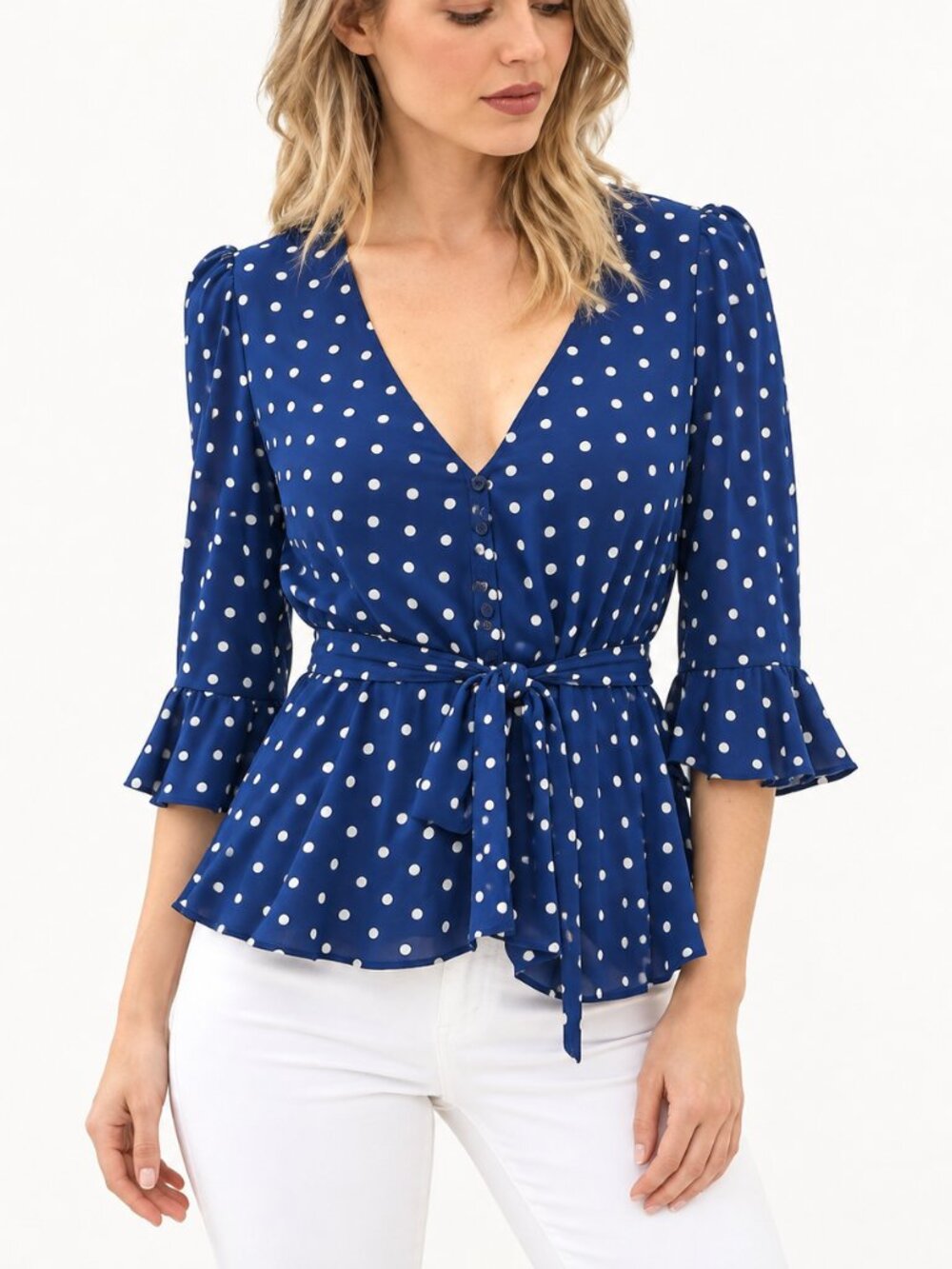 Blooming Jelly Polka Dot V Neck Top Blue White